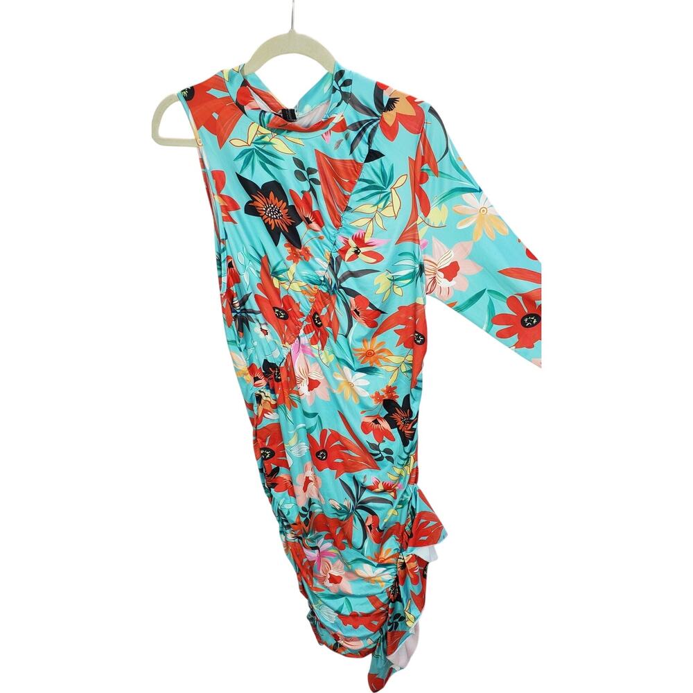 Pluswear Aqua Floral One Sleeve Ruched Dress XL